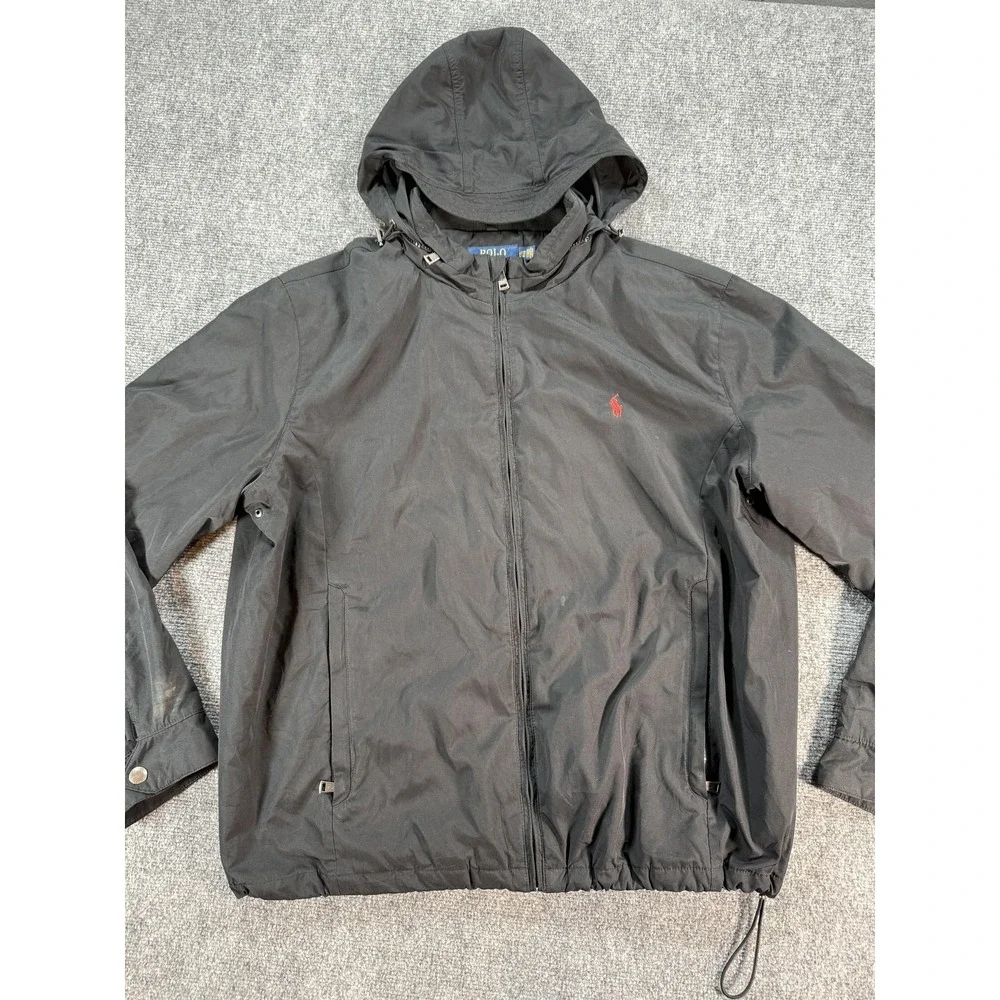 Polo Ralph Lauren Jacket Mens 2XL Black Hooded Quilted Lined Zip Windbreaker‎